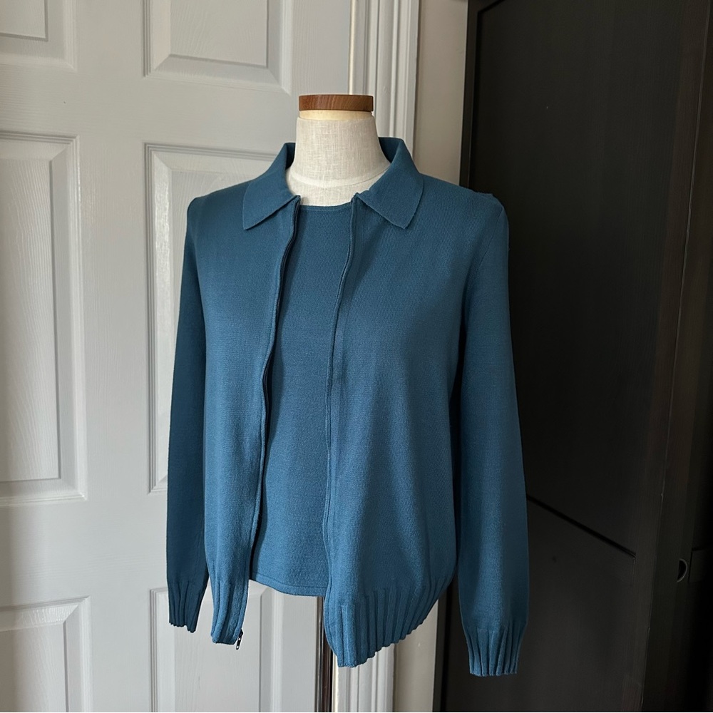 Ball Of Cotton Hand-loomed In USA 2 pc Set‎ Vest Zip Cardigan Size M Teal Blue